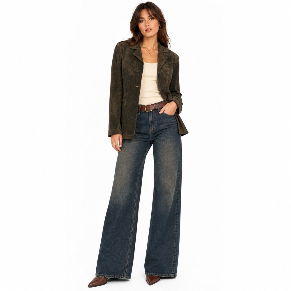 Y2K Express Women's Suede Blazer Olive Green Leather 3 Button Jacket Small
